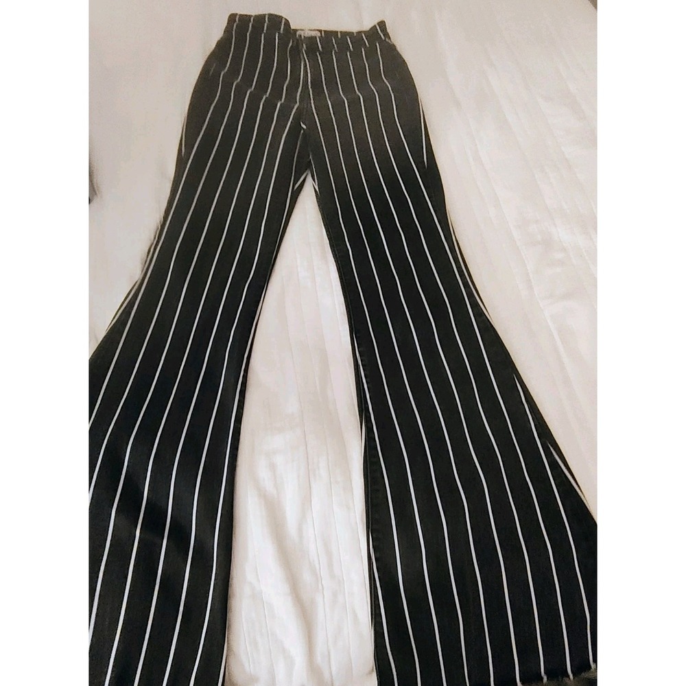 Cello Size 7 Y2K Pinstripe Bell Bottom Jeans Black White High Rise Raw Hem